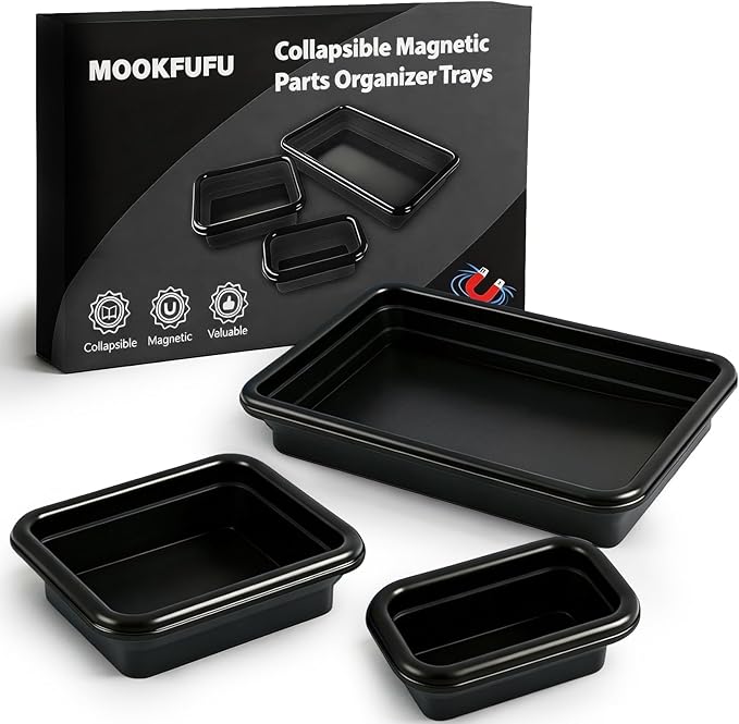 Collapsible Magnetic Parts Tray Set with Extra Strong Magnet Up to 18LB, 3 Different Size Silicone Foldable Tool for Organizing Screw Bolts Nuts Washers Pins and Other Small Metal Parts -Black
