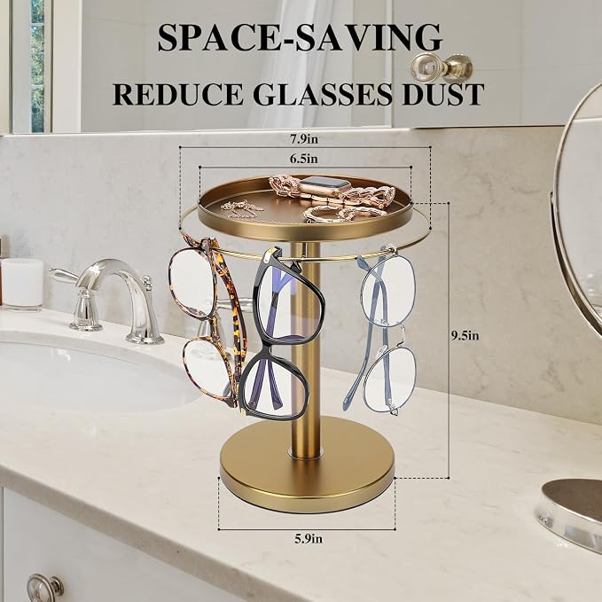 kondyfayo 360° Rotating Sunglass Organizer Storage, Stainless Steel Glasses Holder Stand, Glasses Organizer with Tray for Desk, Dresser, Tabletop, Nightstand and Home Decor (Gold) | Stainless Steel Stand with 360 Rotation Holds 9 to 12 Pairs. Top Tray ...