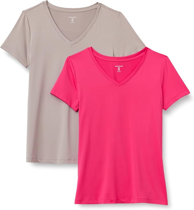 Amazon Essentials Women's Active Quick Dry Tech Stretch Short-Sleeve V-Neck T-Shirt (Available in Plus Size), Pack of 2