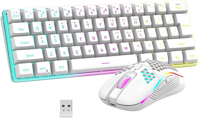 RedThunder 60% Wireless Gaming Keyboard and Mouse Combo, 2500mAh Rechargeable Battery, Ultra-Compact Small RGB Mechanical Feel Keyboard, Lightweight Honeycomb Optical Mouse for Gaming/Business, White