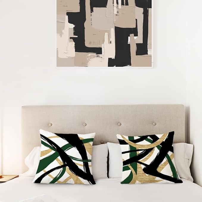 Black Gold Green Pillow Covers, Abstract Black and Gold Pillow Covers 18x18 Set of 2, Modern Boho Decorative Throw Pillows Cover for Couch Bed Living Room