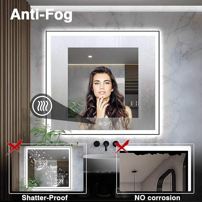 36x36 Square LED Bathroom Mirror - Black Aluminum Framed (Front and Backlit), Anti-Fog Vanity Mirror with Lights, Stepless Dimmable Lighted Mirror,3 Colors Smart Mirror(Horizontal/Vertical)