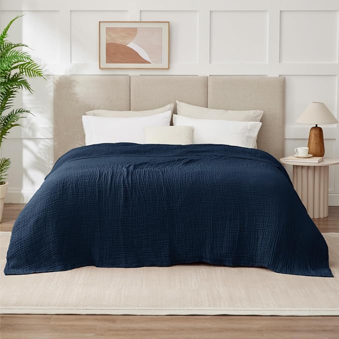 100% Cotton Muslin Blanket Large 50" x 70", 6 Layers Breathable and Lightweight Navy Throw Blanket for Bed and Couch, Soft Quilt Bedspread, Gauze Blanket for Adults All Season, Navy, Dark Blue