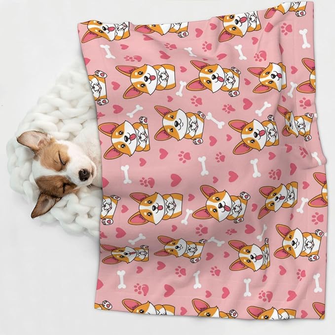 Two Sided Pet Cuddler Blanket for Anxiety Calming, Cute Happy Corgi Dog, Reversible Plush Design with Bubble Dot Pattern Provides Familiar Surface Anywhere