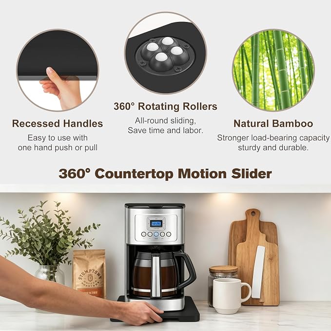360°Rolling Tray Bamboo Kitchen Appliance Slider for Coffee Maker Pot | Countertops Sliding Tray for Coffee Maker Appliances Mat Easily from Under The Cabinet,Black 11.8"×9.8"