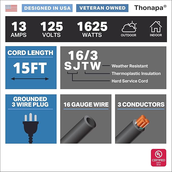 Thonapa 13 Amp Outdoor Extension Cord 15 ft, 2 Pack, 16/3 SJTW 15 Foot Black Extension Cord 3 Prong Multi Pack, Weatherproof ExteriorPower Cable for Outdoor Lights, Landscaping, Lawn, UL Certified