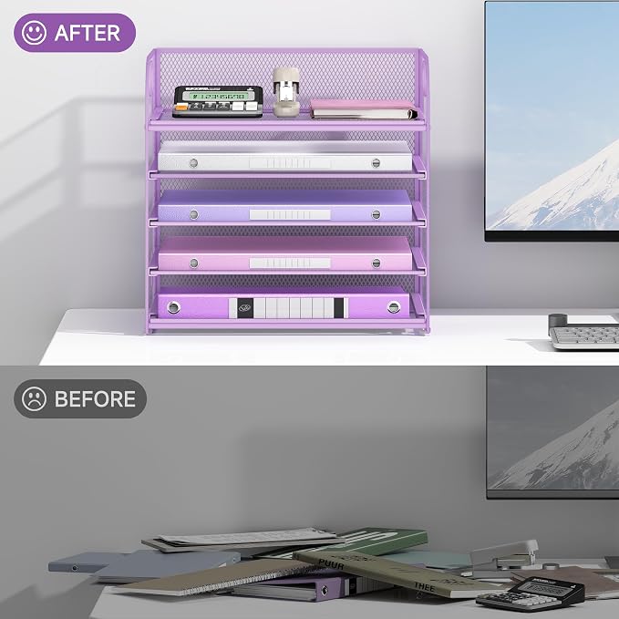 Lavatino Desk Letter Tray Paper Organizer, 5-Tier with Handle Metal Mesh Desktop File Organizer Paper Holder for Classroom Office Desk Accessories- Purple