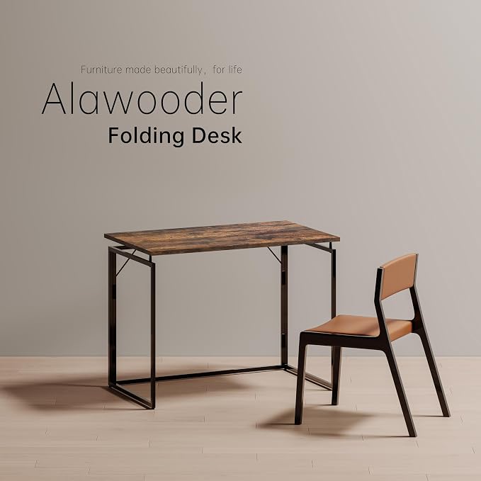 alawooder 31.5" Folding Desk: No Assembly, Wood Top for Small Spaces | Home office desk, holds 150 lbs, folds flat to 2.3 in, splash-proof wood top, sturdy metal frame