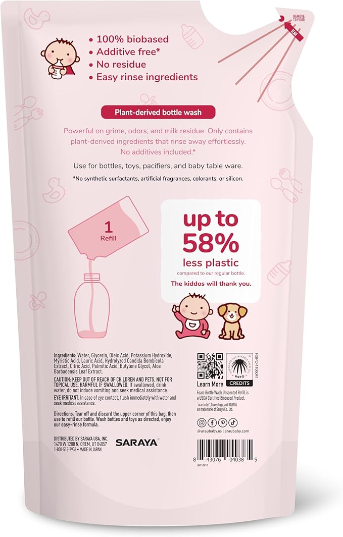Arau Baby Unscented Foam Bottle Wash Refill, Natural Plant Based Baby Bottle & Dish Soap, No Artificial Fragrance or Additives, Gentle for Washing Bottles, Pacifiers and Toys, Easy Rinse, 15.21 Fl Oz