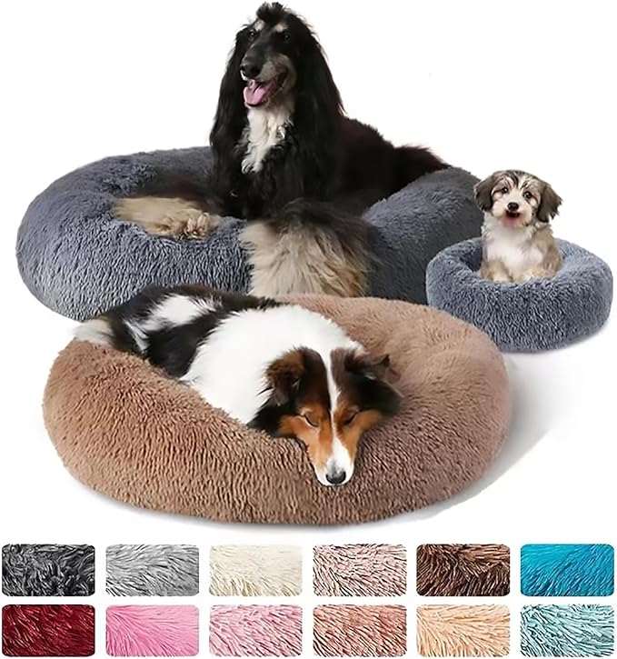 Calming Dog Bed for Small Dogs, Calming Donut Cuddler Pet Bed Anti Anxiety Round Dog Bed Fluffy Plush Faux Fur Cat Bed,Black+White,19.7IN