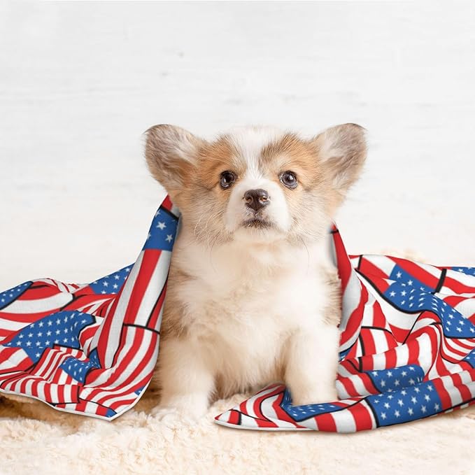 Reversible Plush Throw for Dogs and Cats, Novelty American Flag, Double Sided Blanket with Nubby Dot Side and Sleek Side Ideal for Cuddling Nesting Security