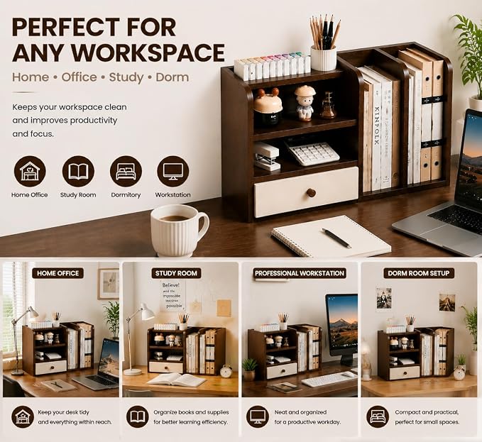 Desktop Organizer with Drawer & Dual File Compartments, Multi-Functional MDF Desk Storage Rack with 3-Tier Shelves and Pen Holder, Space Saving Desk Organizer 22.0×10.6×6.7 Inch for Study Room