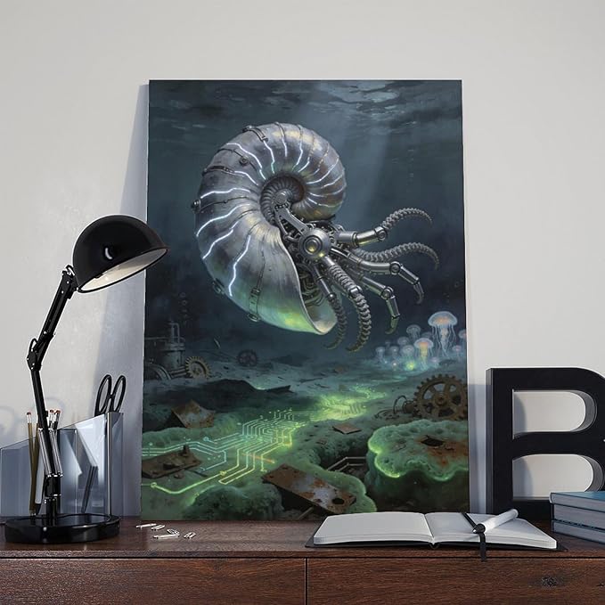 Framed Steampunk Mechanical Nautilus Wall Art - Underwater Industrial Poster for Man Cave Studio Decor 12x18inch(30x45cm)