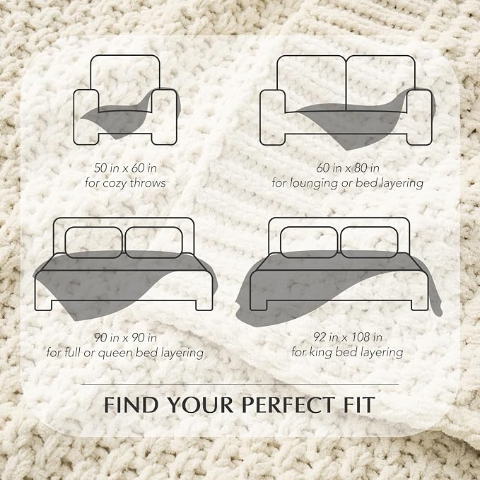 EVERGRACEHOME Chunky Chenille Knit Throw Blanket, 108x92, Ivory White | Sculpted Moss Stitch, Chic Modern Farmhouse, All-Season Warmth, OEKO-TEX® Certified, Oversized King for Couch, Bed, Sofa