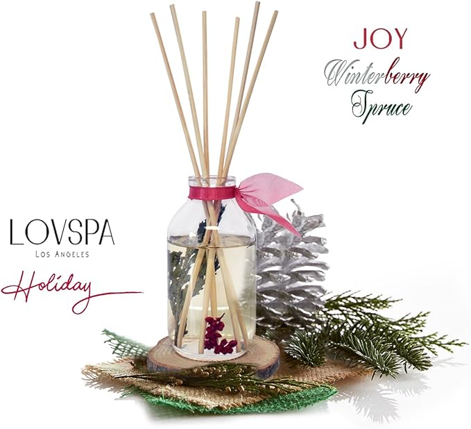 LOVSPA Reed Diffuser Set, Joy Winterberry Spruce Scented Oil Diffuser with Sticks, Home Fragrance Accessories for Bathroom Shelf Decor, Aroma Diffusers for Home or Office Desk, USA Made