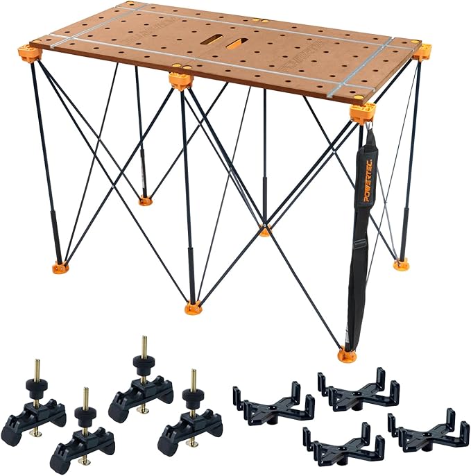 POWERTEC 72292 Arachni-Flex Portable Workbench - 24" x 48" Foldable Tabletop w/Pre-drilled Dog Holes, T-Tracks & Quick-Insert Locks & 2x4ft Collapsible Workstand 2500 lbs Capacity 36" Work Height