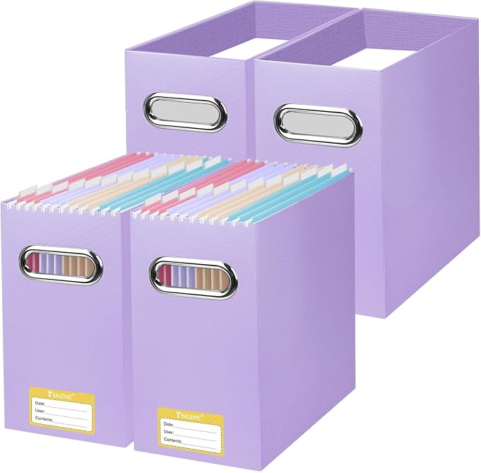 BALEINE File Organizer Box, Cardboard File Folder Organizer with Handle for Letter Size, Portable Collapsible Hanging Filing Box for Home Office Document Storage (4 Pack, Lavender)