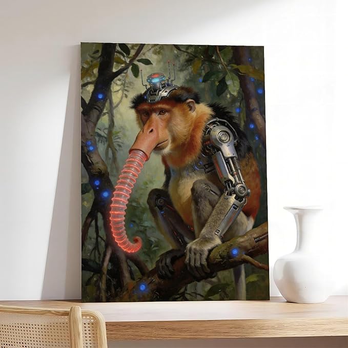 Framed Steampunk Mechanical Proboscis Monkey Wall Art - Jungle Neon Retro Poster for Apartment Leisure Area Decor 24x36inch(60x90cm)