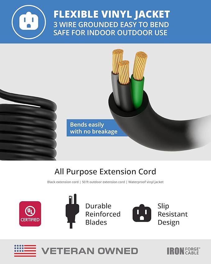 Iron Forge Cable 50 Ft Black Outdoor Extension Cord, 16/3, 50 Foot Outdoor Extension Cord, 3 Prong, Weatherproof - Great for Outside Use