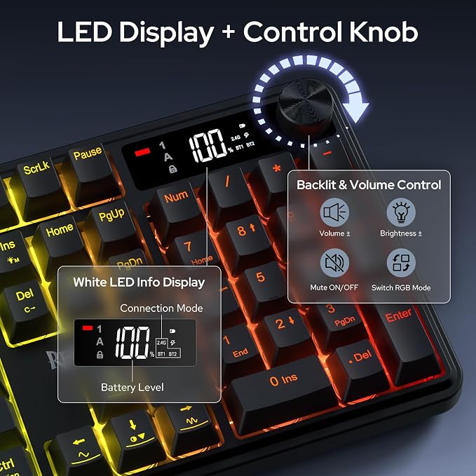 Redragon K526 PRO Wireless RGB Membrane Gaming Keyboard, LED Screen & Knob | See Battery, Mode & Time at a Glance, 0-Delay Tri-Mode, One-Touch Backlit & Media Adjust, 26-Key Anti-Ghost for Combo-Strike
