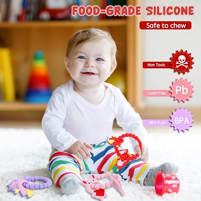 Valentine Teething Toys, Silicone Baby teethers 0-6 Months Easy for Little Hands to Hold, Cupid and Heart Rabbit for Valentine's Day Baby Teething Toys (Valentine Purple)