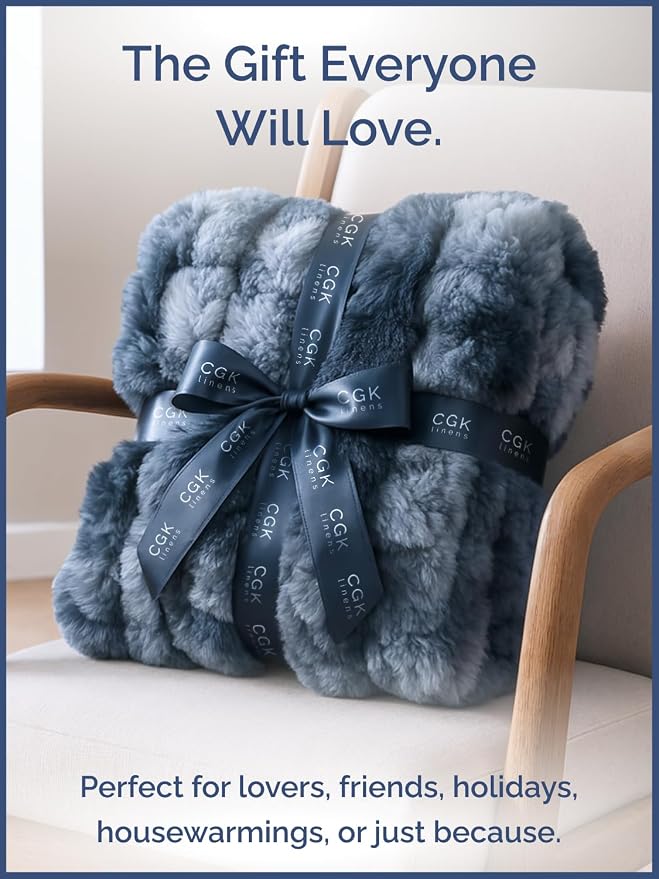3D Fleece Bubble Blanket Twin - Rabbit Blanket - 60" x 80", Marble Blue | Soft Fluffy Faux Fur Blanket for Couch Sofa & Chair, Cozy Gifts for Women, Tie Dye Cloud Throw Bed Cover, Thick Plush Bedding