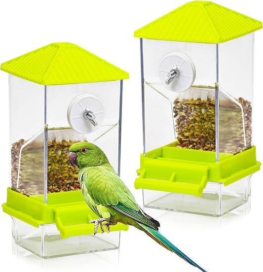 BNOSDM No Mess Automatic Bird Feeder 2 Pcs Anti-Splash Bird Feeder Acrylic Transparent Food Container Parrot Cage Accessories for Parakeets Budgies Lovebirds Cockatoos Conures Finches (Green)