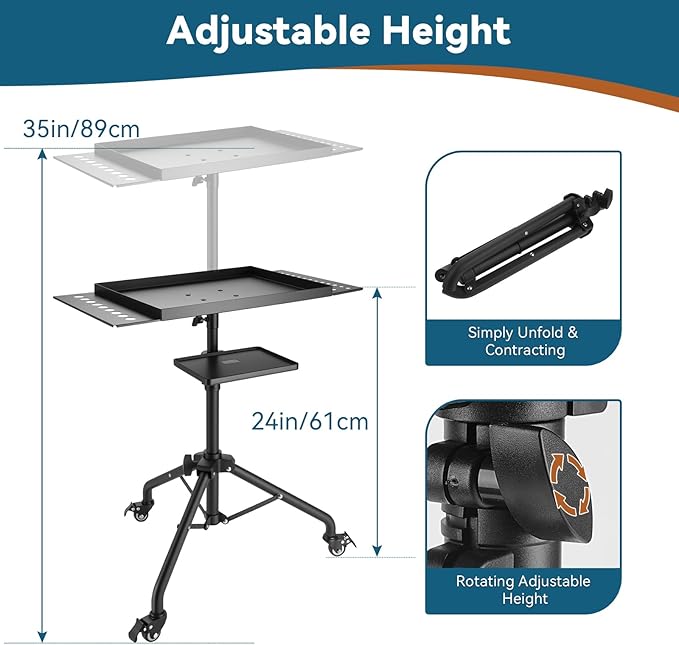 Rolling Tool Cart, Adjustable Mobile Work Table with 2 Tool Tray Holder Metal, Tool Table Rolling Utility Cart, 24-35 inch Portable Tray Storage Organizer Workbench for Garage Bike Work Shop