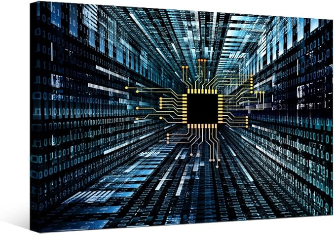 CPU Concept Wall Decorations for Living Room Canvas Wall Art Digital Circuit and Number Graphics House Decor Digital Age Modern Office Wall Painting Framed Wall Art for Home Bedroom 20X28 INCH
