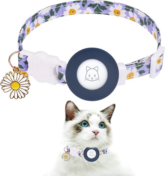 Airtag Cat Collar, JXFUKAL Kitten Collar Breakaway with Silicone Airtag Holder, Bells & Flower Charm for Girl Cats Boy Cats Small Dogs(Blue)