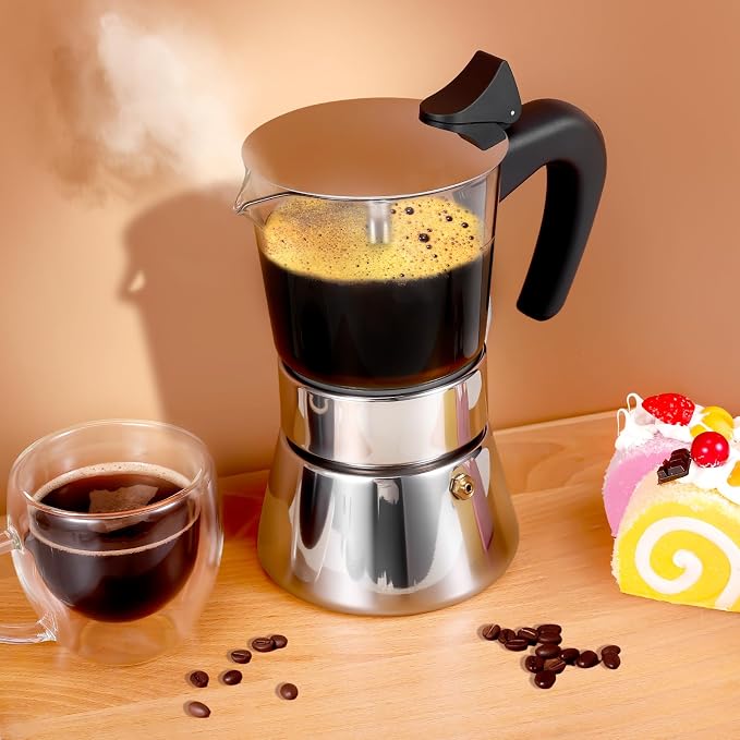 6 Cup 300ml Glass Moka Pot, Stovetop Espresso Maker, Silver | Crystal Glass-top & Stainless Steel Coffee Maker, Induction Compatible, for Greca de Cafe, Cuban and Italian Coffee Brewing