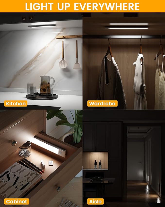 ASOKO Under Cabinet Lights Motion Sensor Light Indoor 3-Colors USB-C Rechargeable LED Closet Lights Battery Operated Wireless Magnetic Light Strip for Kitchen(Silver-3 Colors Light, 3 Pack-7.8inch)