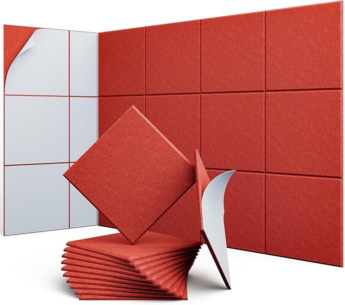12 Pack 12" X 12" X 0.4" Acoustic Panels for Wall Sound Absorbing, Square Self-Adhesive Sound Panel, High Density Suitable for Multiple Scenarios(Cherry Red)