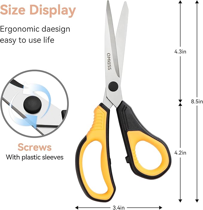 QMVESS 8.5" Scissors All Purpose 3 Pack, Ultra Sharp 2.5mm Thick Blade Scissors for Office, Professional Ergonomic Comfort Grip for Office School Home Fabric Sewing DIY Craft Cutting General Use