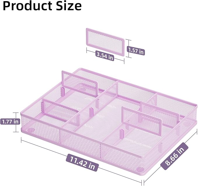Marbrasse Desk Drawer Organizer, Metal Mesh Drawer Organizer Tray with 5 Adjustable Compartments,Desk Organizers and Accessories for Home,Office,Kitchen,Makeup,Vanity (Purple)