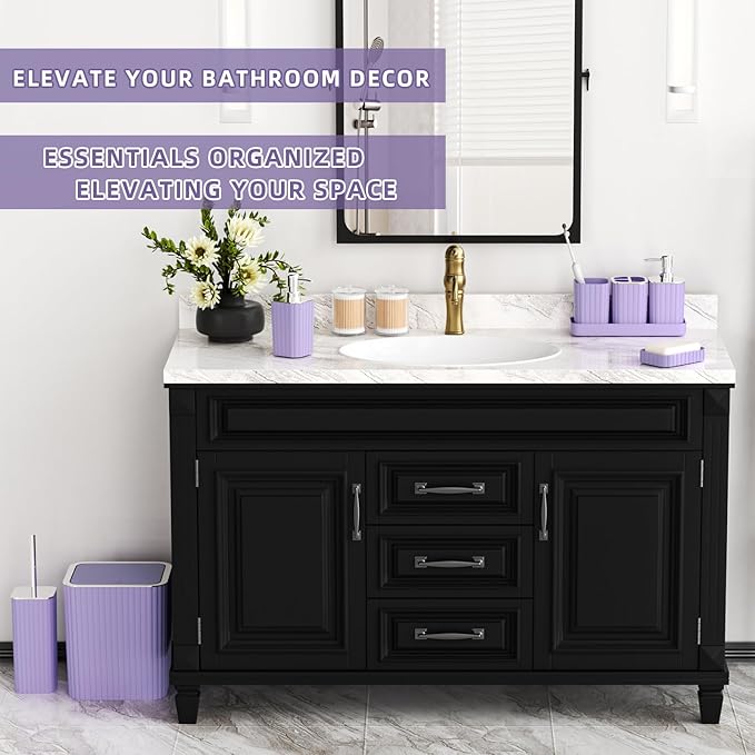 XLHOMO Bathroom Accessories Set - Gorgeous Purple Bathroom Set, 10PC Bathroom Accessory Set, Toilet Brush, Trash Can & Soap Dispenser