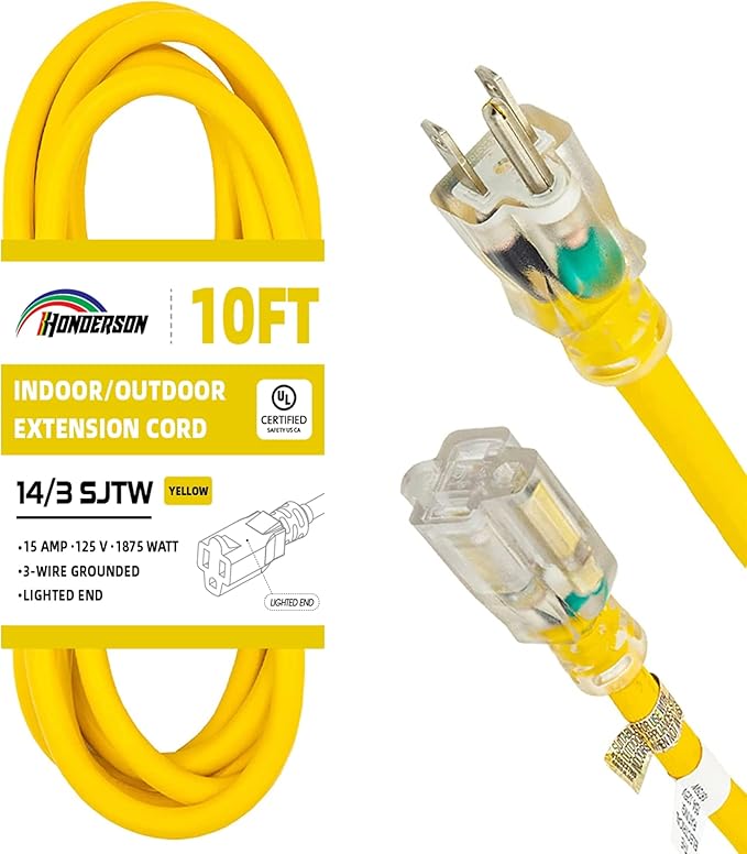 Indoor Outdoor Extension Cord Weatherproof with Lighted End, UL Certified, 14 Gauge 10FT Yellow 3 Prong Heavy Duty, 14/3 SJTW 15A Power Cord for Outdoor Lights, Lawn