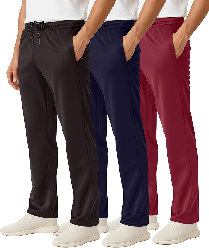 3 Pack Men's Mesh Open Bottom Sweatpants Active Athletic Workout Gym Pocket | Available in Big & Tall, Uncuffed, Elastic Waistband, Drawstring, Straight Leg, Running, Jogging, Exercise, Training, Sports