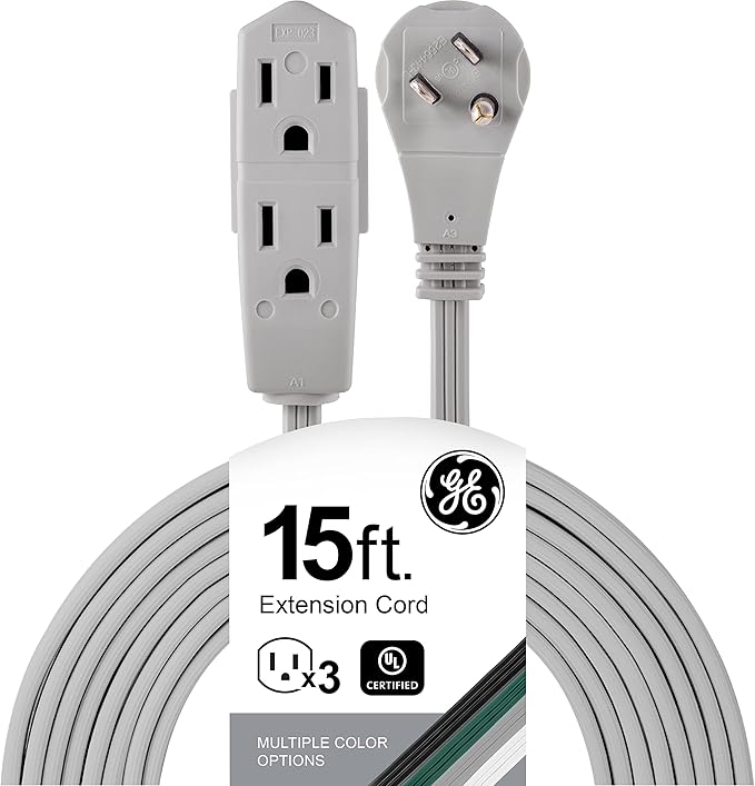 GE 3-Outlet Flat Extension Cord 15 Ft Grounded Extension Cord with Multiple Outlets 3 Prong Outlet Extender Flat Plug Power Strip Indoor 16 Gauge UL Listed Gray 43026