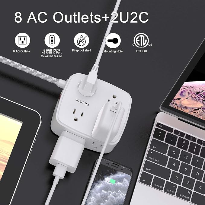 Surge Protector Power Strip - YISHU 8 Outlets with 4 USB (2 USB C) Charging Ports, 10Ft Braided Extension Cord, Flat Plug Multi Plug Outlet Extender Charging Station for Home Office, ETL, White
