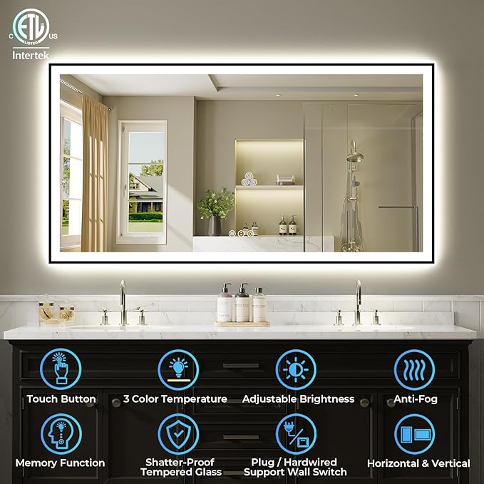 60x36 Inch LED Bathroom Mirror with Lights (Front Lit and Backlit) Black Framed Lighted Vanity Mirror for Bathroom Wall Dimmable Anti-Fog Memory Tempered Glass Horizontal/Vertical