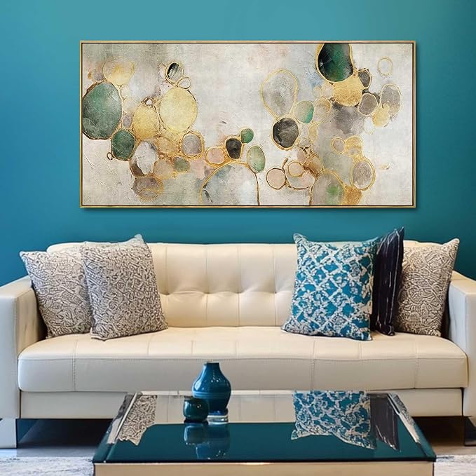 Gold Circle Modern Artwork Framed Abstract Wall Art Green Canvas Decor 24"x48" Wall Decorations for Bedroom Living Room Kitchen
