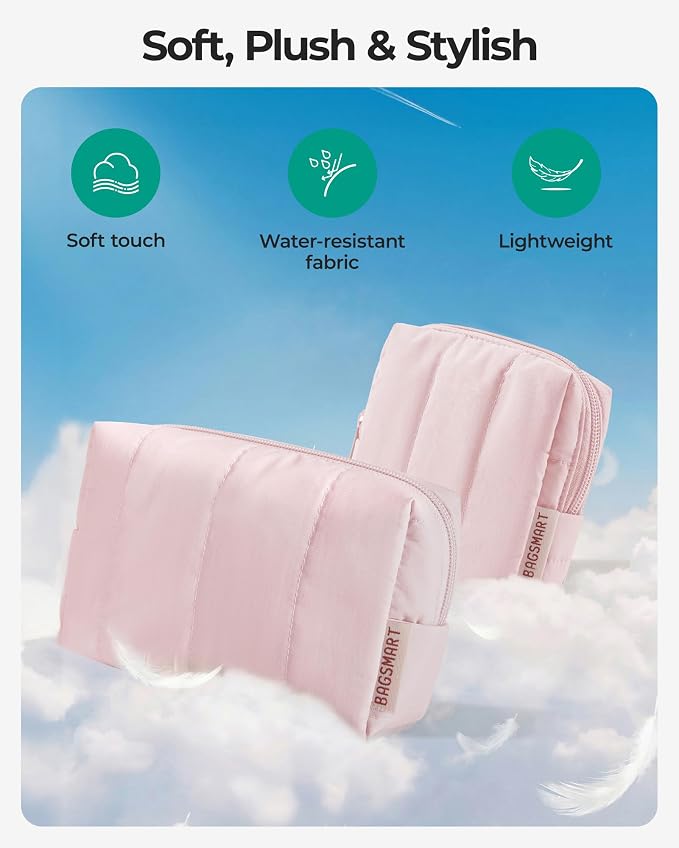 BAGSMART Puffy Travel Makeup Bag Duo Large & Small for Women, Baby Pink | Puffy Padded, Travel Cosmetic Organizer with Slip-in Pockets, Large Toiletry Bag & Small Purse Pouch, Travel Essentials