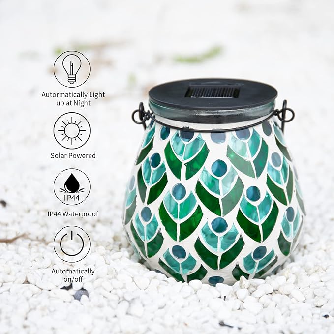 Afirst Mosaic Solar Lanterns Outdoor - Glass Hanging Solar Lights Hollow Out Waterproof Table Lamp Outdoor Decorative for Garden, Patio, Holiday Party Outdoor Decoration