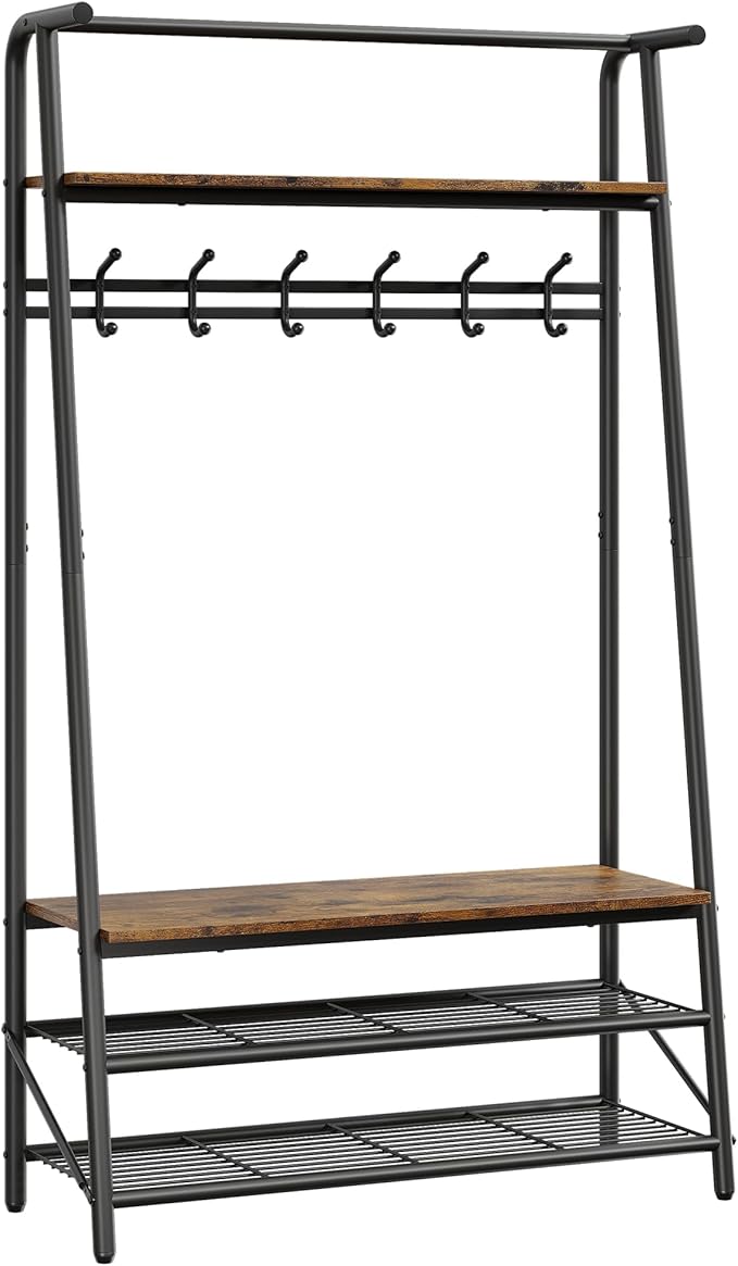 Multi-Functional Hall Tree Coat Rack with Bench & Shoe Storage – Freestanding Metal Frame, 5 Hooks, Clothes Rail – Ideal for Entryway, Hallway, Mudroom – Rustic Brown – 100 Single Row Hooks