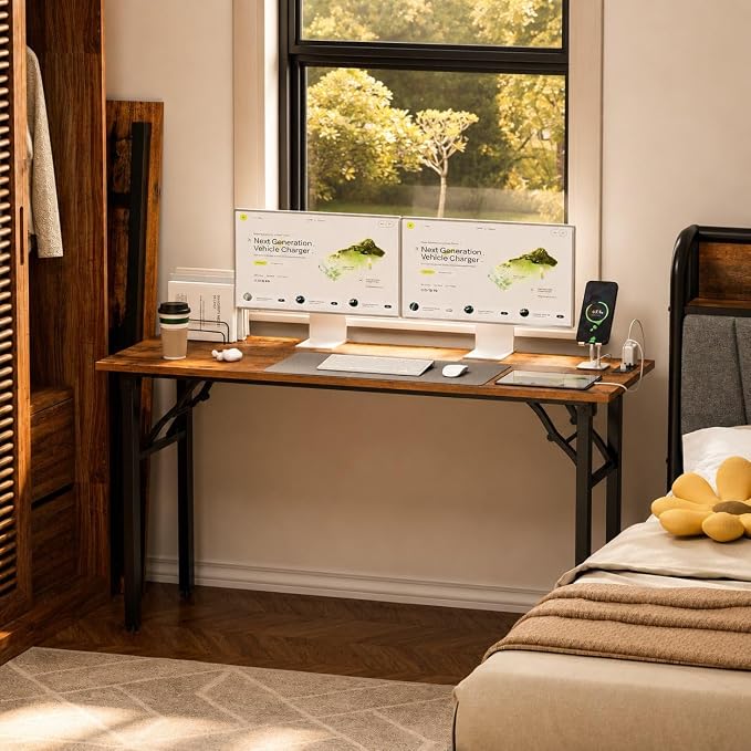 Folding Table Computer Desk - 55.1" No Assembly Folding Desk with Power Outlets & USB Charging Port, Small Desk, Foldable Office Desk, Compact Storage Portable Use for Small Space, Rustic Brown
