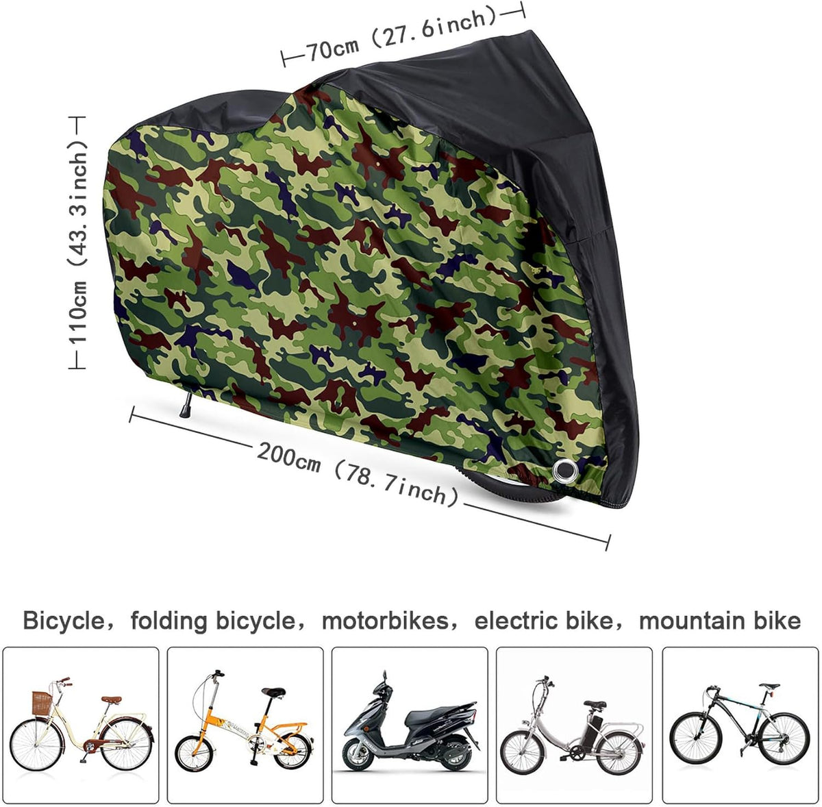 Roctee Waterproof Bicycle Cover - Wind & Rain Protection for XL Mountain & Road Bikes | Black & Camo, 78.7''L x 27.6''W x 43.3''H