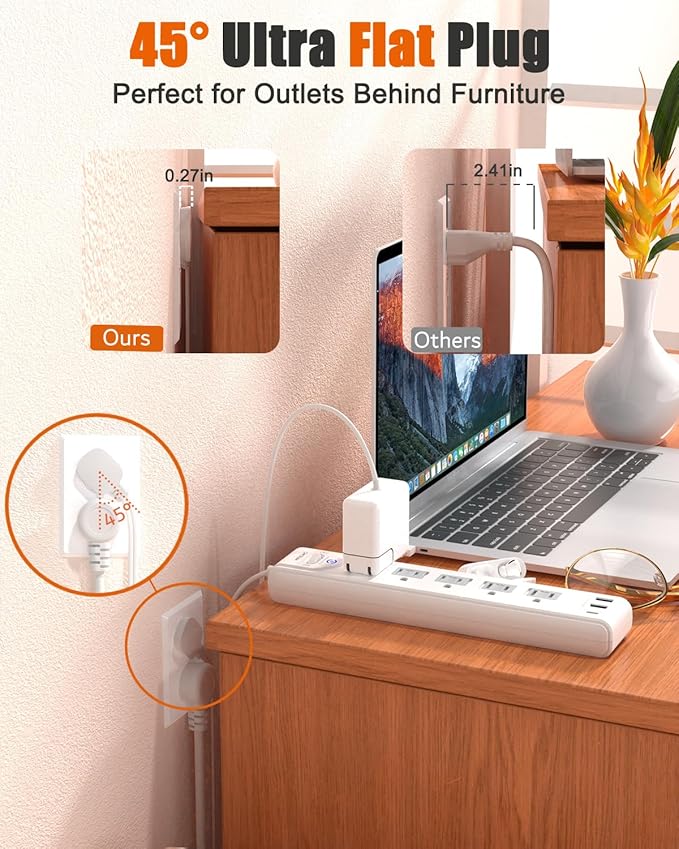 2 Prong Power Strip, WRXDMC 2 Prong to 3 Prong Outlet Adapter, 5ft Extension Cord with Polarized Plug, 1680J Surge Protector, 5 AC Outlets & 3 USB, Wall Mountable, Ideal for Non-Grounded Outlets