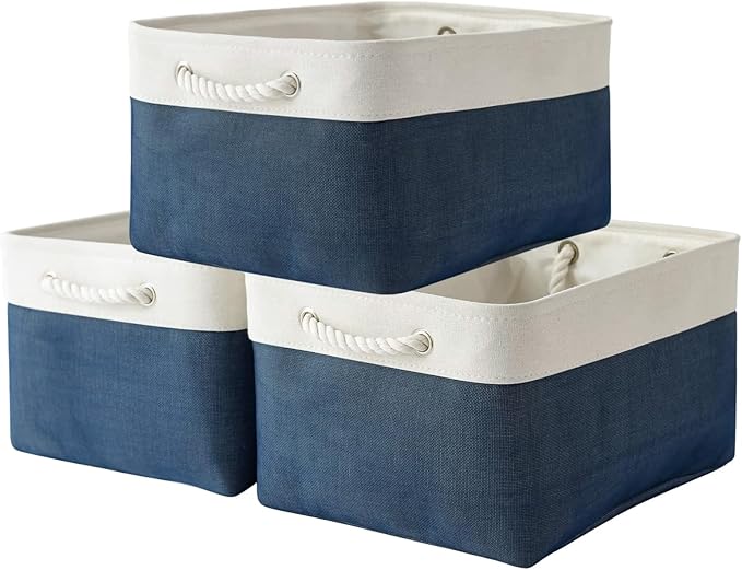 Organization and Storage Basket for Shelves - 16x12x8 inch Large 3 Pack Canvas Storage Bin Collapsible Baskets for Organizing, Fabric Storage Cubes for Cloth Laundry (White&Deep Blue)