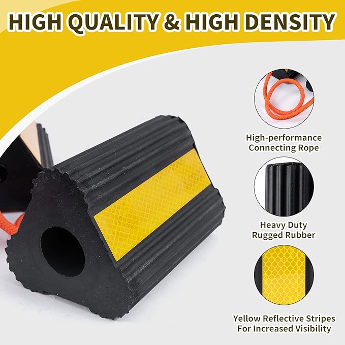 Wheel Chocks for RV Trailer 1 Pair with Rope & Reflective Strips Rubber Wheel Chocks Heavy Duty Tire Stopper for Camper, Truck, Car, Travel Trailer